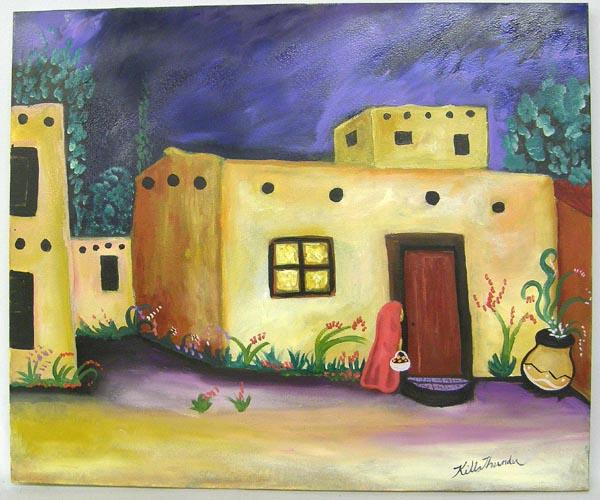 Original Kills Thunder Painting ''New Mexico Eve'': Original Kills Thunder Painting ''New Mexico Evening.'' Acrylic on canvas stretched on wood frame. Measures 20''x24''. SHI $35.