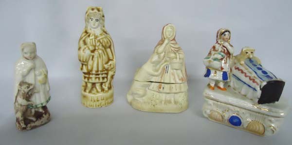 4 Antique Little Red Riding Hood Porcelains: 4 Antique Little Red Riding Hood Porcelains. Largest measures approx. 4 1/2''H. Normal wear and tear for age. SHI $25.