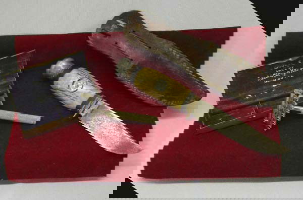 Antique Shaving Kit and Compass Knife: Antique Shaving Kit and Compass Knife. The knife has a bone handle and a leather sheath and measures 9'' long. The razor is in a brass case and is marked on the inside, ''Model C Valet Aut/Strip Razor