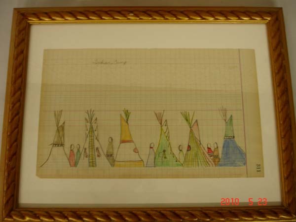 Framed Native American Indian Ledger Art: Framed Native American Indian Ledger Art. Comanche style ledger art titled, ''Indian Camp.'' In wood frame, matted and under glass. Visual measures 8.25''x13.5''. SHI $35.