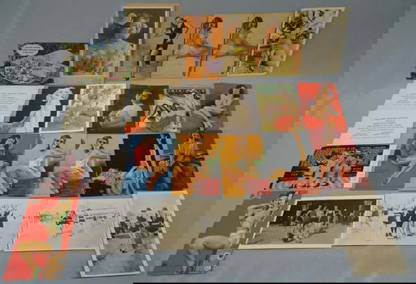 20 Pin Up Cards Plus some by Earl Moran: 20 Pin Up Cards Plus paper post card and 2 ''Pabst Brewing Company'' paper invitations. Largest picture measures approx. 6 3/8'' x 4.25''. Two lithograph pin-up prints by Earl Moran. SHI $20.