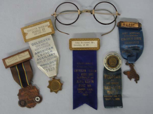 5 Pueblo Delegate 1926-50 American Legion Ribbons: Collection of 5 Pueblo Delegate 1926-50 American Legion Ribbons Plus Pr. of Antique Glasses. Ribbons are from Colorado State. San Luis, Boulder, Pueblo, Granby. SHI $15