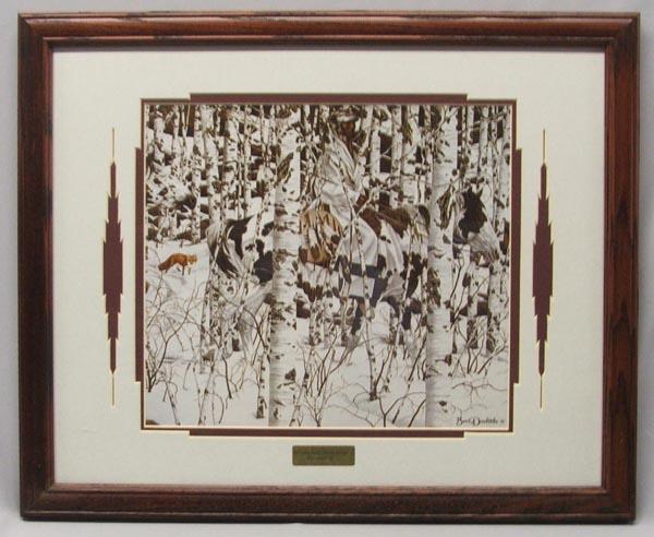 Framed Print By Bev Doolittle: Framed Print By Bev Doolittle titled ''Woodland Encounter''. Framed in a wood frame, double matted, under glass. SHI $35.