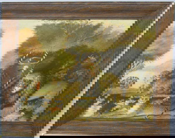 Framed Print By Edward Hicks: Framed Print By Edward Hicks. Framed in a wood frame, visual measures approx. 17'' x 23''. American Folk Artist 1780-1849, titled ''The Peaceable Kingdom'' a Giclee print. Antique wood frame SHI $75.