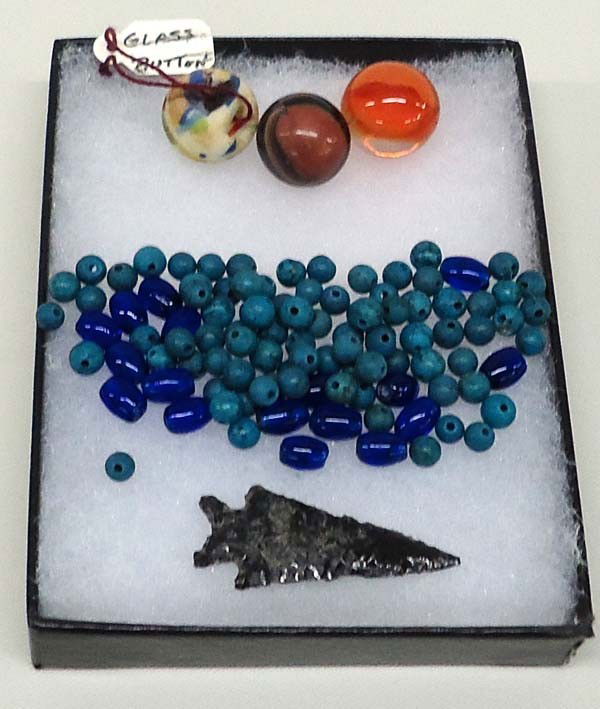 Klamath Oregon Obsidian Arrowhead Plus: Klamath Oregon Obsidian Arrowhead Plus Vintage cobalt blue and turquoise colored beads, antique glass marble button and marble. Arrowhead measures approx. 1 1/2'' long. SHI $15.