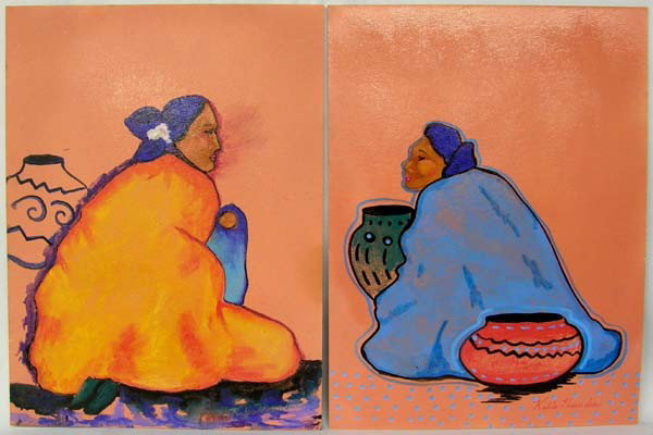 Pair of Original Paintings by Kills Thunder: Pair of Original Watercolor and Acrylic Paintings on Board by Kills Thunder. Measures 16''Hx12''W. SHI $25.