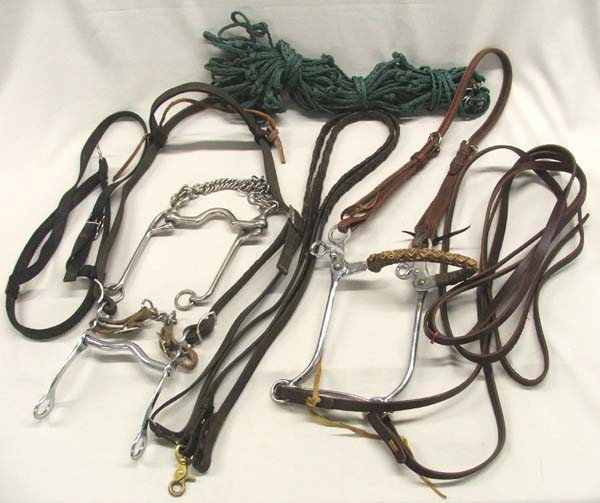 Miscellaneous Horse Tack, like new condition: 2 Bridles, Bit, Leather Reins. Leather bridle with ''Kelly'' Hackamore. Largest bridle measures approx. 17'' on smallest setting. Hay net, etc. SHI $25.