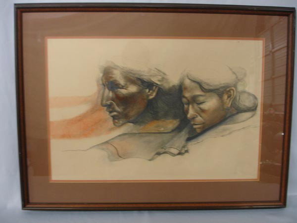 1975 Framed Original Navajo Painting by Clifford Beck: Framed Original Navajo Painting by Clifford Beck. Framed in wood, under glass and double matted. Visual measures 24''x14''. Frame has a few places with finish worn off. SHI $100.