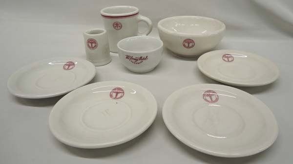 8 Military Medical China including Sebring: 8 Antique Medical China indluding pieces made from China, Germany & USA. To include 4 saucers, 1 teacup, 1 coffee cup, 1 cereal bowl and 1 creamer. White with maroon insignias. Cereal bowl measures ap