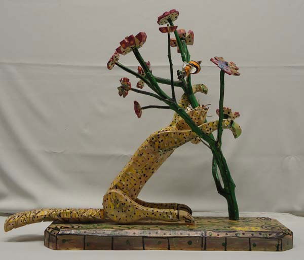 Vintage Mexican Folk Art Leopard in Tree: Vintage Mexican Carved Wood Folk Art. Leopard in tree after a Bee, hallmarked ''W.R.''. Measures approx. 21 1/2''H x 25 1/2''L x 5 1/2''W. SHI $100.