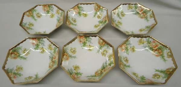 6 Porcelain Gold Trimmed Prussian Bowls: 6 Porcelain Gold Trimmed Prussian Bowls. Each measures approx. 5-5/8''x5-5/8''x1.5''. SHI $25.