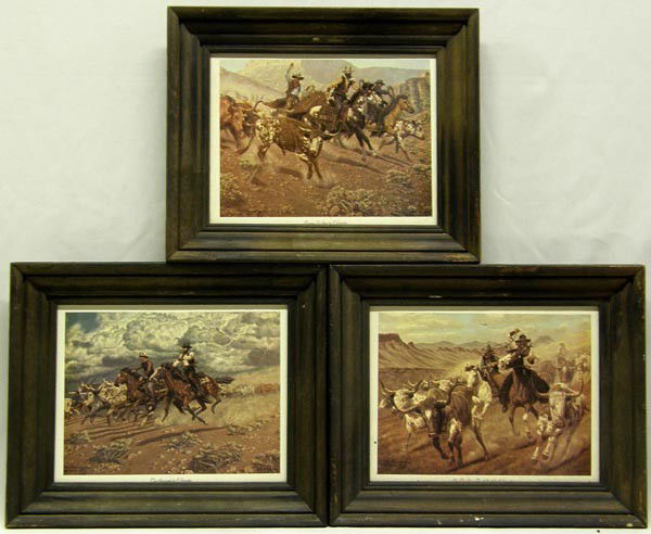 3 Framed 1973 Cowboy Prints by Joe Grandee: Three Framed 1973 Cowboy Prints by Joe Grandee. Framed. Visual measures approx. 6''Hx8''W. SHI $25.