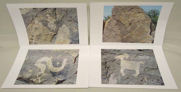 4 Cook's Peak N.Mex. Color Petroglyph Prints: Item donated by members of the Grant County Archaeological Society for the benefit of the Haiti Relief Fund. 4 Color Petroglyph Prints, visual measures approx. 6.5'' x 8.75''. SHI $20.