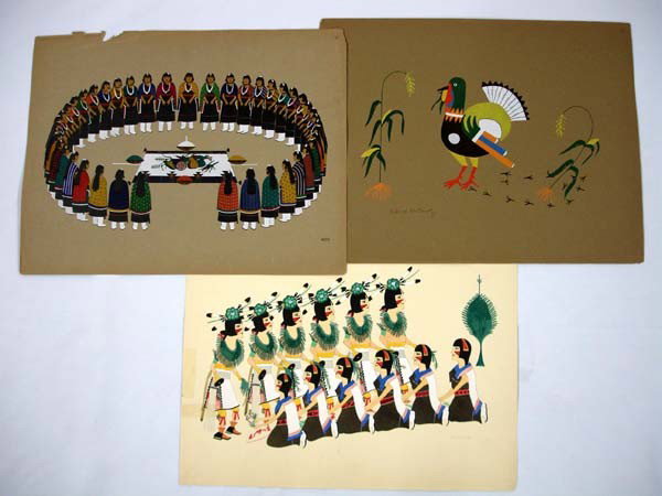 3 Pueblo Indian Prints-Tsireh, Martinez, Gonzales: 3 Pueblo Indian Prints-Tsireh, Martinez, Gonzales. Print by Awa Tsireh is torn. The other two artists are Richard Martinez and Louis Gonzales. Each print measures 15.5''x19.5'' and has a 1932 copyrigh