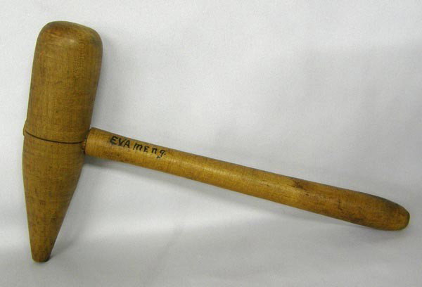 Antique Amish Wooden Tool with Name on Handle: Antique Amish Wooden Tool with Name on Handle. Eva Meng. on handle. Consignor states it is Pennsylvania Amish but does not know the use. Measures approx. 11''Lx7''W. SHI $20.