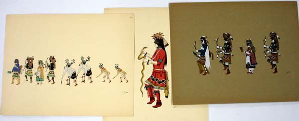 3 Prints by San Ildefonso Pueblo Artist Awa Tsireh: 3 Prints by San Ildefonso Pueblo Artist Awa Tsireh. These prints have a copyright stamp on the back dated 1932. Each print measures 19.5''x15.5''. SHI $20.