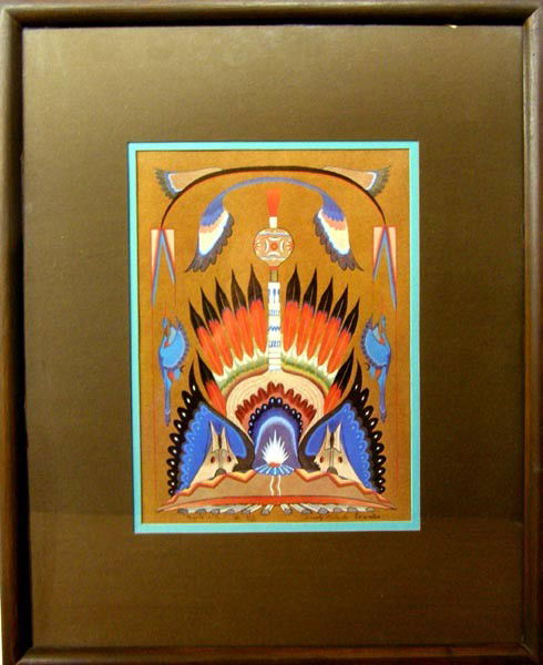 Woody Crumbo Lithograph, Signed and Numbered: Framed Woody Crumbo Lithograph, Peyote Alter, Signed and Numbered. Very slight buckle in paper at top of print. Visual measures approx. 11.75''Hx8.5''W. SHI $35.