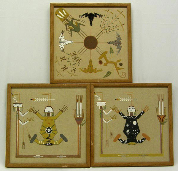 3 Navajo Sand Paintings: 3 Navajo Sand Paintings. 1 by David Lee and 2 by Jeannette Johnson. Visual measures approx. 12.5''Hx12.5''W. SHI $40.