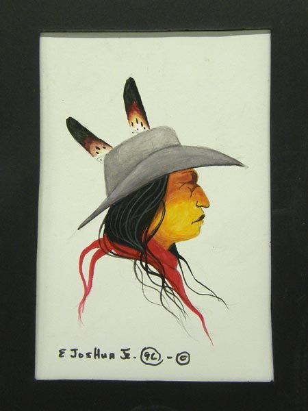 Original Watercolor by Creek Artist E. Joshua Jr.: Original Watercolor and Ink Painting on Colored Mat Board '' Stomp Dancer'' by Creek Artist E. Joshua Jr. Visual measures approx 9''Hx6''W. Matted, no frame. SHI $20.