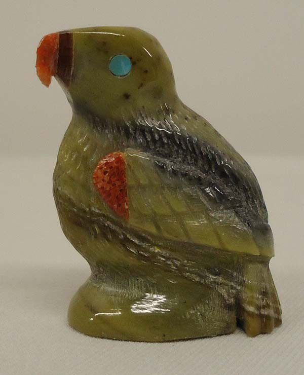 2006 Zuni Parrot Fetish By Edison Bobelu Jr.: 2006 Zuni Parrot Fetish By Edison Bobelu Jr. Measures approx. 1 1/4''H x 1''L. Has turquoise eyes, with coral beak and part of wing. SHI $15.