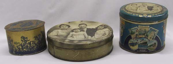 3 Vintage Tins: 3 Vintage Tins. 2 Biscuit Tins to commemorate the coronation of King George VI of England, made in 1937-Photograph of Royal Family By Marcus Adams on the top. 1-Gardenglo Afterbath Powder Tin -Palmer-