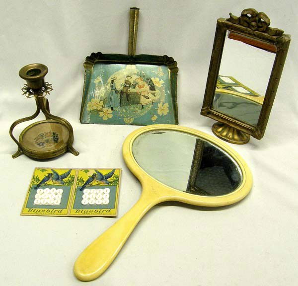 Vintage Mirrors, Dustpan, Candle Holder, Buttons: Vintage 2 Mirrors, Dust Pan, Candle Holder, Buttons. 1 Framed mirror measures approx. 12 1/4'' x 8'', on base reads ''PAT Approv. For E.J.S. MFG. Co. NY''. Hand mirror, Bluebird Pearl Buttons 1923, Io