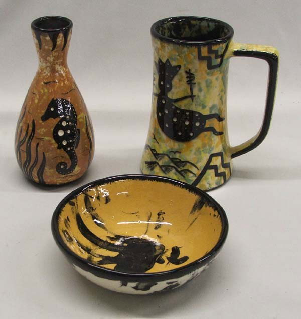 3 Pieces Mana Pottery: 3 Pieces Mana Pottery. 1-Mana 1948/1981 USA. 1-Mana 1948/1981 Peyote Way USA Goldwaters. 1-Elijah Mountain June 1979, Peyote Way, Klondyke. Largest measures approx. 5 1/2''H x 2 1/2'' Diameter. Buyers