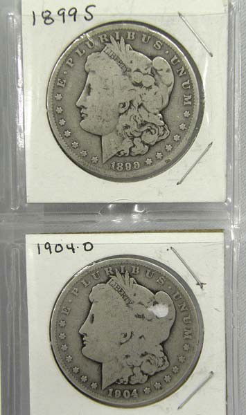 2 Silver Dollars, 1899-S Morgan and 1904-O Morgan: 2 Silver Dollars, 1899-S Morgan and 1904-O Morgan. Buyers Pay Actual Shipping and Handling Charges(see terms and conditions for more information).
