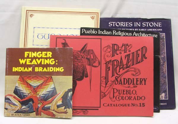 5 Western Books And Pamphlets: 5 Western Books And Pamphlets. Hardback book ''Stories In Stone, Rock Art Pictures By Early Americans By Caroline Arnold, copyright 1996. Softback pamphlet ''Pueblo Indian Religious Architecture'' By 