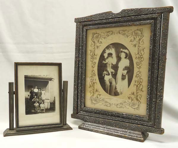 2 Antique Swing Frames With Old Pictures: 2 Antique Swing Frames With Old Pictures. Largest measures approx. 14''H x 11.5''L x 2''W at base. Buyers Pay Actual Shipping and Handling Charges(see terms and conditions for more information).
