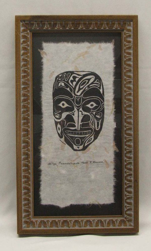 Original Block Print of 1st Nations Mask by Radock: Framed Original Block Print of 1st Nations Mask by R. Radock, visual measurement 12x5.5''. Provenance on back of print. Buyers Pay Actual Shipping and Handling Charges(see terms and conditions for mor