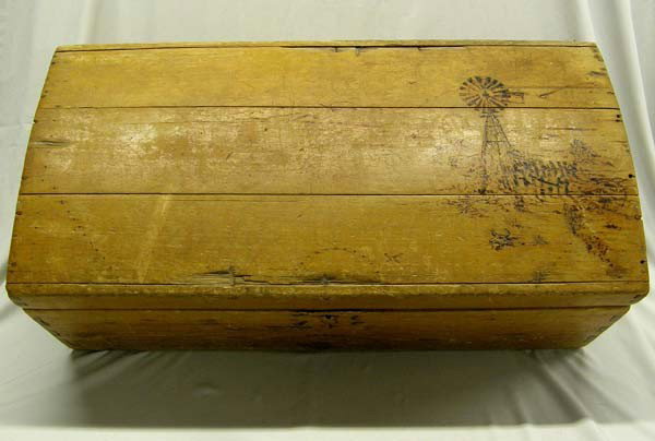 19th Century Dove Tailed Wood Trunk Signed: 19th Century Dove Tailed Wood Trunk with original art work. Signed. Measures approx. 12''H x 32 3/4''L x 16''D. Does have a key and does lock. MUST BE PICKED UP!