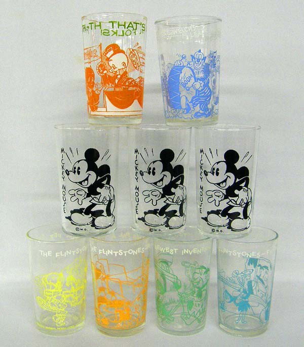 Nine Collectable Comedy Character Glasses: Nine Collectable Comedy Character Glasses. 3 Mickey Mouse, 4 Flintstones, 1 Howdy Doody, 1 Welches Parade. No chips or cracks. Largest measures approx. 4.25''Hx2.25''W. Buyers Pay Actual Shipping and 