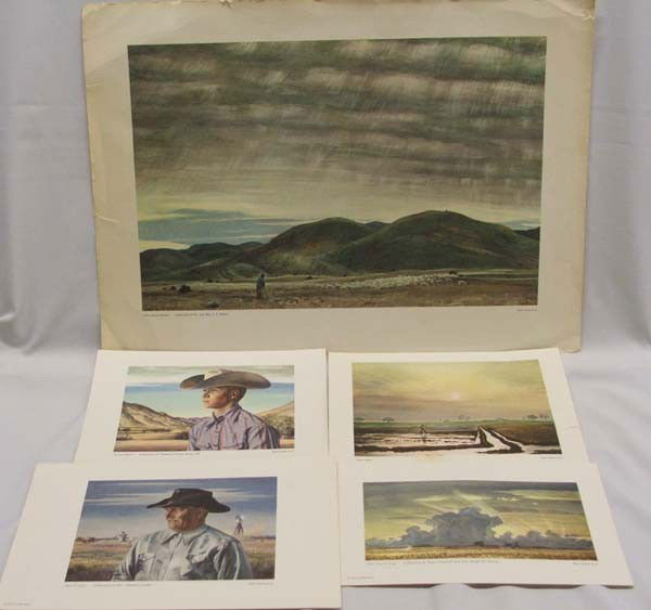 5 Peter Hurd Prints: 5 Peter Hurd Prints, including original Portfolio plus the five prints. One large print ''The Sheepherder'' measures approx. 12x18''. Four small prints 5.5 x 7.5'' visual, including ''Bob Crosby'', ''