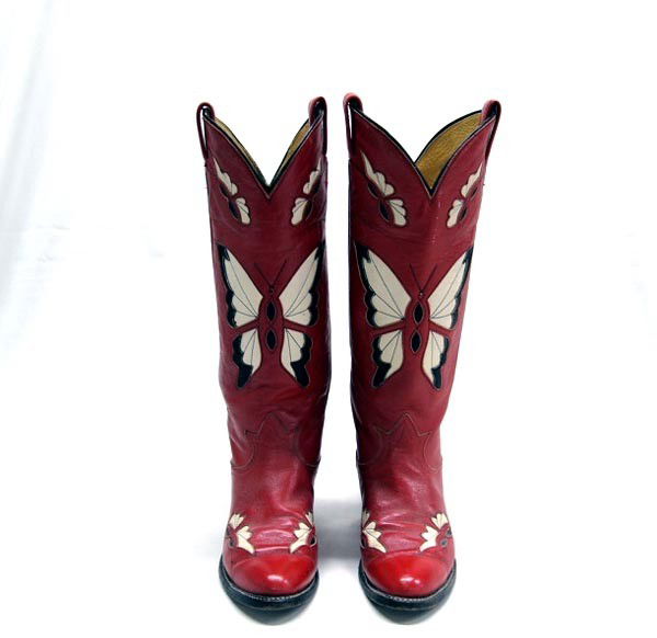 Tony Lama Red Leather Butterfly Cowgirl Boots: Tony Lama Red Leather Butterfly Cowgirl Boots, size 7 to 7 1/2. Buyers Pay Actual Shipping and Handling Charges(see terms and conditions for more information),