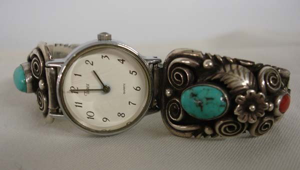 Native American Navajo Turquoise Coral Watch Band : Navajo Watch Band Turquoise Coral Repousse Silver. Timex watch with expansion band. the watch tips each measure 1.5''x.75''. Buyers Pay Actual Shipping and Handling Charges(see terms and conditions fo