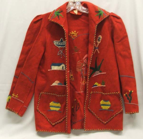 1940 Mexican Red Wool Embroidery Woman's Jacket: 1940 Mexican Red Wool Embroidery Woman's Jacket, size small. Buyers Pay Actual Shipping and Handling Charges(see terms and conditions for more information).