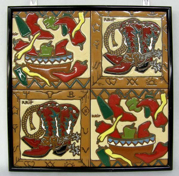 Western Framed Tile Display, by K. Rit: Boots and Chilies 4 Tile Framed Display, by K. Rit. Measures approx 12''x12''. Buyers Pay Actual Shipping and Handling Charges(see terms and conditions for more information).
