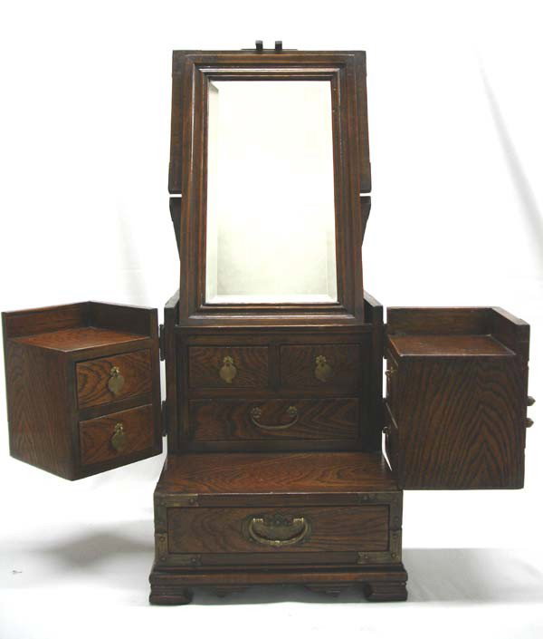Antique Asian Wooden Dressing Table Jewelry Box: Antique Asian Butterfly Walnut Wood Dressing Table Jewelry Box. Hinged doors open to reveal drawers and hinged beveled mirror. Measures 15''Lx11.5''Hx9.75''W with a 14''Hx8.5''W mirror. With mirror up
