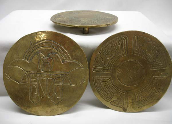 3 Bronze Brass Trivets by Lesher Ortiz: 3 Bronze Brass Trivets by Lesher Ortiz. Two are signed on the bottom by New Mexico artist Lester Ortiz. Each measures 4.5'' diameter. Buyers Pay Actual Shipping and Handling Charges(see terms and cond