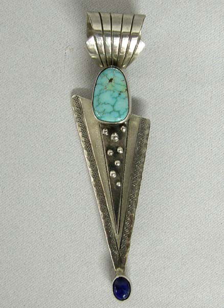 Native American Navajo Silver Pin/Pendant by Nelson: Native American Navajo Silver Pin and Pendant with Lapis and Turquoise by Peter Nelson. Measures approx. 3''Lx1''W. Buyers Pay Actual Shipping and Handling Charges(see terms and conditions for more in