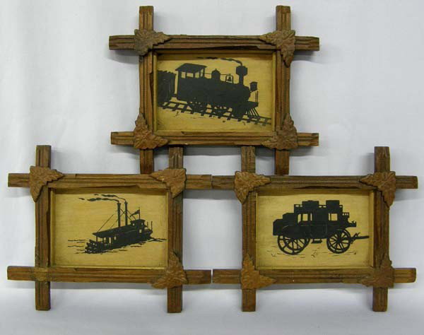3 Antique Hand Carved Frames with Silhouettes: 3 Antique Hand Carved Frames with Silhouette Paintings of a Carriage, Steamboat and Train. Visual measures approx. 4.5''Hx6.75''W. One frame is missing the carved leaf design. Buyers Pay Actual Shippi