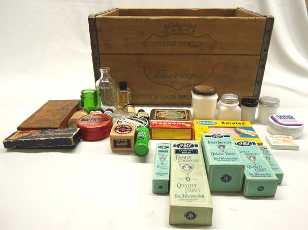 Antique Medicine Cabinet From Ginger Ale Box Plus: Antique Medicine Cabinet Made from Wooden Ginger Ale Box, measures approx. 16 1/3''L x 8 1/2''H x 11''W. Vintage numerous medicine bottles etc. ''JBL'' Toilet Articles (Boxes), Dr. Scholl's Jurotex Mo