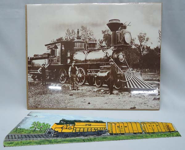1800 Rio Grande Locomotive Print & Saw Blade: 1800 Rio Grande Locomotive Print & Original Hand Painted Saw Blade. Print measures approx. 11'' x 14'', saw blade measures approx. 4 1/4''H at tallest point x 16''L. Buyers Pay Actual Shipping and Han