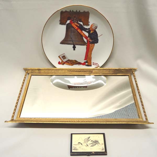 Mirror Tray, Scrimshaw Box & Norman Rockwell Plate: Mirrored Tray, Scrimshaw Duck Card Holder Plus Collector Plate. 1. Mirrored Tray measures approx. 8 1/4'' x 15 3/4''. 2. Scrimshaw Duck Business Card Holder 2 1/4'' x 3 5/8''. 3. Norman Rockwell Colle