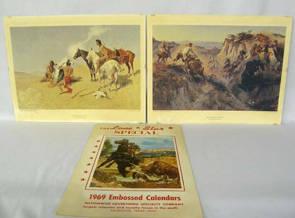 Vintage C.M. Russell and F. Remington Prints Plus: Vintage Charles M. Russell and Frederic Remington Prints. Also a 1969 Embossed Calendar Advertisement. The Russell Print has a hole in it. The Prints measure approx. 14''Hx17.75''W. Buyers Pay Actual 