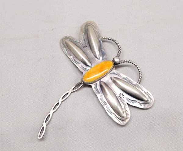 Native American Navajo Silver Dragonfly Pin by Yazzie: Navajo Silver & Orange Shell Dragonfly Pin by Tim Yazzie. Stamped on inside, ''T Yazzie Sterling.'' Height/Width in Inches of dragonfly is 3.25x3. The stone is 1''x3/8''. Buyers Pay Actual Shipping an
