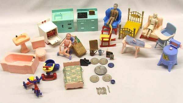 Collection Of ''Renwal'' Doll House Furniture Plus: Collection Of ''Renwal'' Dolls Furniture Plus. 16 pieces ''Renwal'', 1 bag miniature misc., 1 unmarked bed, 1 Ideal dishwasher, 1 Ideal stroller, 1 Mattel Bed. Largest, high chair, measures approx. 3.