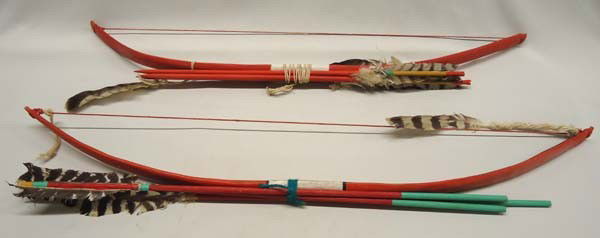 Pr Native American Navajo Child's Bows and Arrow Sets: 2 Child's Bow and Arrow Sets. Bow measures approx. 32'' long x 1'' wide. Buyers Pay Actual Shipping and Handling Charges(see terms and conditions for more information).