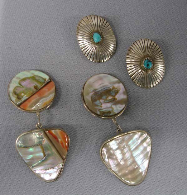 1980's Southwestern Clip On Earrings: 2 Pair 1980's Southwestern Clip On Turquoise, Abalone, and Shell Earrings, largest measures 2.5'' x 1''. Buyers Pay Actual Shipping and Handling Charges(see terms and conditions for more information).